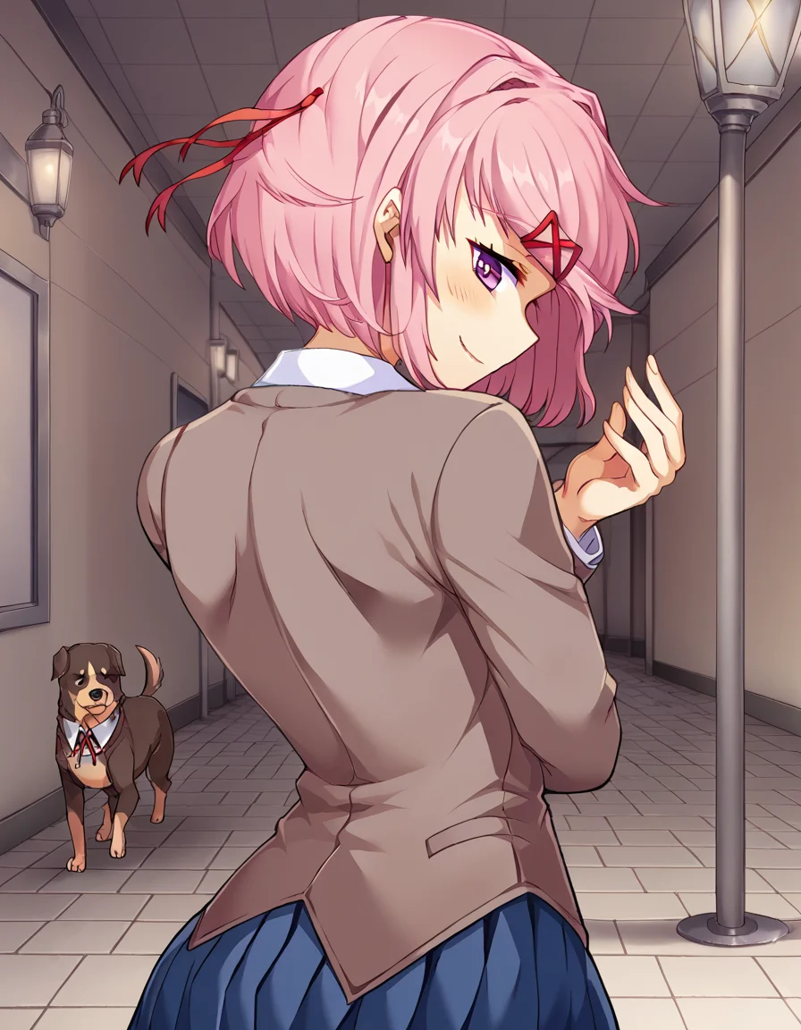score_9, score_8_up, score_7_up, source_anime, <lora:ddlc-natsuki-ingame-ponyxl-lora-nochekaiser:1>, natsuki, fang, hair ornament, pink hair, purple eyes, short hair, short sidetail, swept bangs, x hair ornament,, blazer, blue skirt, brown jacket, collared shirt, jacket, long sleeves, miniskirt, neck ribbon, pleated skirt, red ribbon, ribbon, school uniform, shirt, skirt, swept bangs, vest, white shirt, wing collar,, city street, evening, streetlights, walking dog, quiet neighborhood, gentle breeze, smile, <lora:dio-brandos-pose-ponyxl-lora-nochekaiser:1>, dio brandos pose, dio brando's pose (jojo), back, ass, from behind, jojo pose, standing, blush, smile, bed room,, looking at viewer, solo,, dutch angle, cowboy shot