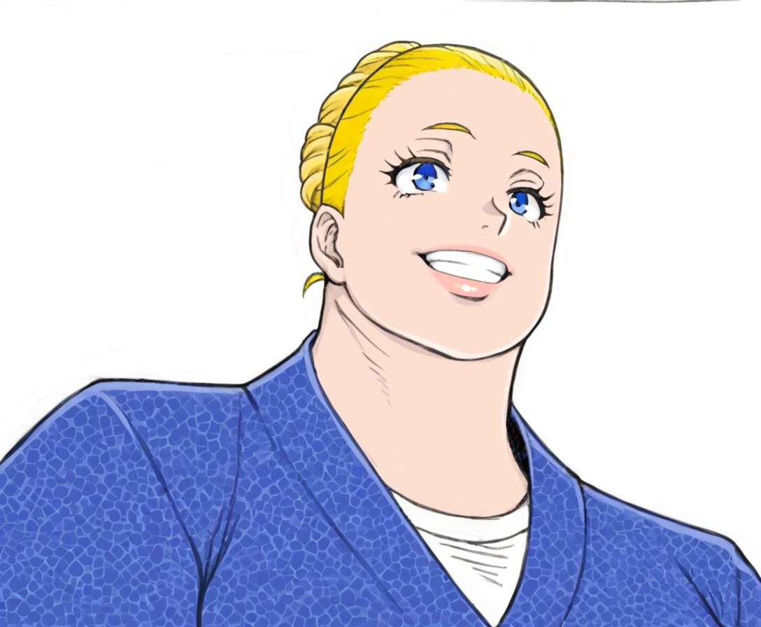 1girl, solo, portrait, upper body, breasts, large breasts, blonde hair, single hair bun, blue eyes, black eyelashes, short neck, obese, muscular female, judo uniform
