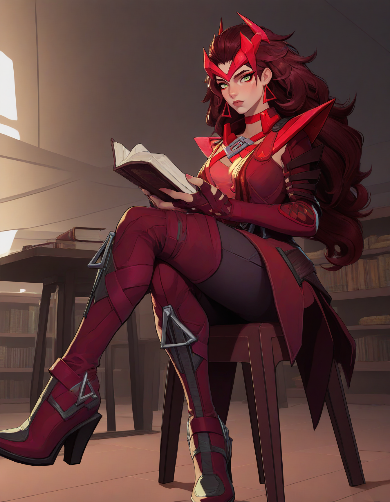 nyamoto,(masterpiece:1.1),best quality,Good quality,very aesthetic,(absurdres:1.1),(newest:1.1), 
1girl, scrwtchmr, solo, long hair, breasts, looking at viewer, eyeliner, high heel boots, green eyes, fingerless gloves, armor, (glowing eyes:0.2),
sitting, legs crossed,
library, reading book, table,
 <lora:Scarlet Witch Marvel Rivals - Noob epsv1.1_epoch_7:1>