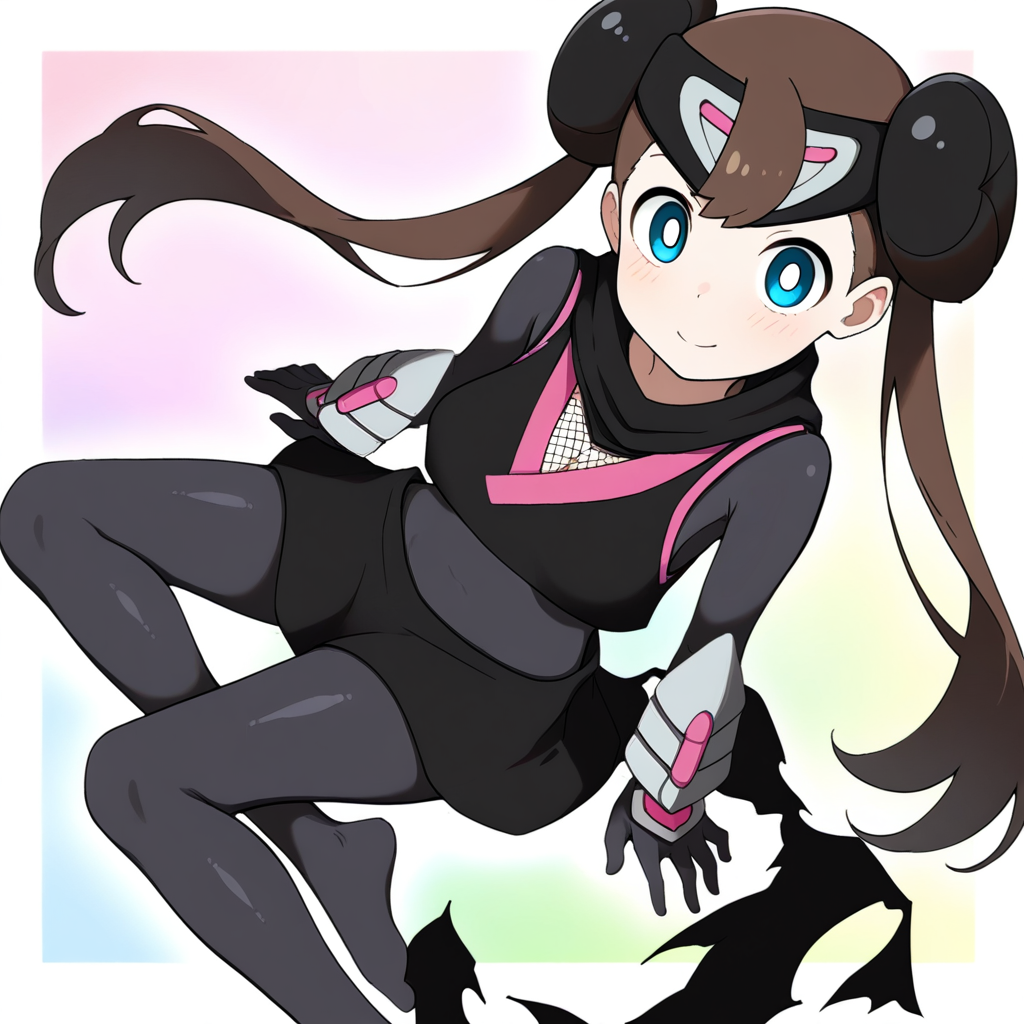 2d, masterpiece, best quality, amazing quality, highres, absurdres, newest, 1girl, solo, sitting, yokozuwari, from above, dutch angle, looking at viewer, multicolored background, simple background, colorful background, medium breasts, ninrosa, blue eyes, white pupils, brown hair, long hair, twintails, double bun, bangs, forehead protector, crop top, arm guards, fishnet bodystocking, black bodysuit, black scarf, torn scarf, ninja, black skirt, miniskirt