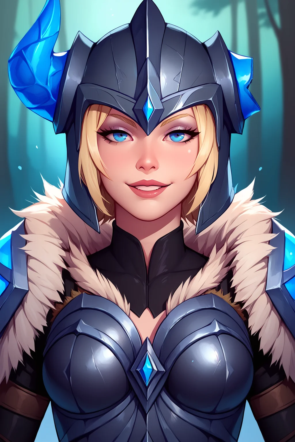 score_9, score_8_up, score_7_up, score_6_up, BREAK, SejuaniLoLXL, blue eyes, blonde hair, short hair, horned helmet, medium breasts, fur trim, armor, black bodysuit, shoulder armor, breastplate, guantlets, black elbow gloves, solo, front view, (portrair, upper body), solo focus, seductive smile, looking at viewer, forest <lora:SejuaniLoLXL:1>