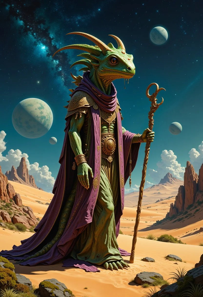 an anthropomorphic chameleon with tie dye skin, walking through a desert, wearing a long flowing robe adorned with intricate patterns and holding a wooden staff, wandering sage, starry galaxy sky, moons in space, moss-covered rocks, soft ethereal light, a magical and serene atmosphere, <lora:MJ52:0.5>, <lora:SDXLFaeTastic2400:0.4>, <lora:detailed_notrigger:0.6>, <lora:zavy-cntrst-sdxl:0.7>