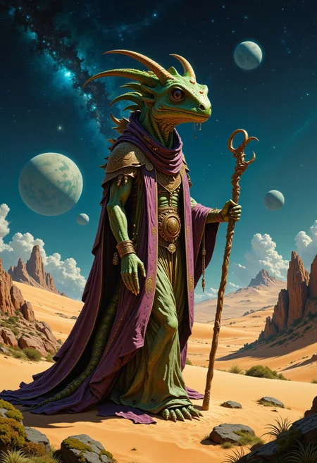 an anthropomorphic chameleon with tie dye skin, walking through a desert, wearing a long flowing robe adorned with intricate patterns and holding a wooden staff, wandering sage, starry galaxy sky, moons in space, moss-covered rocks, soft ethereal light, a magical and serene atmosphere, <lora:MJ52:0.5>, <lora:SDXLFaeTastic2400:0.4>, <lora:detailed_notrigger:0.6>, <lora:zavy-cntrst-sdxl:0.7>