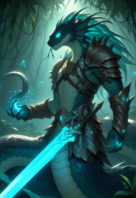Naga, holding a Glowing Rune Sword, glowing rune armor,