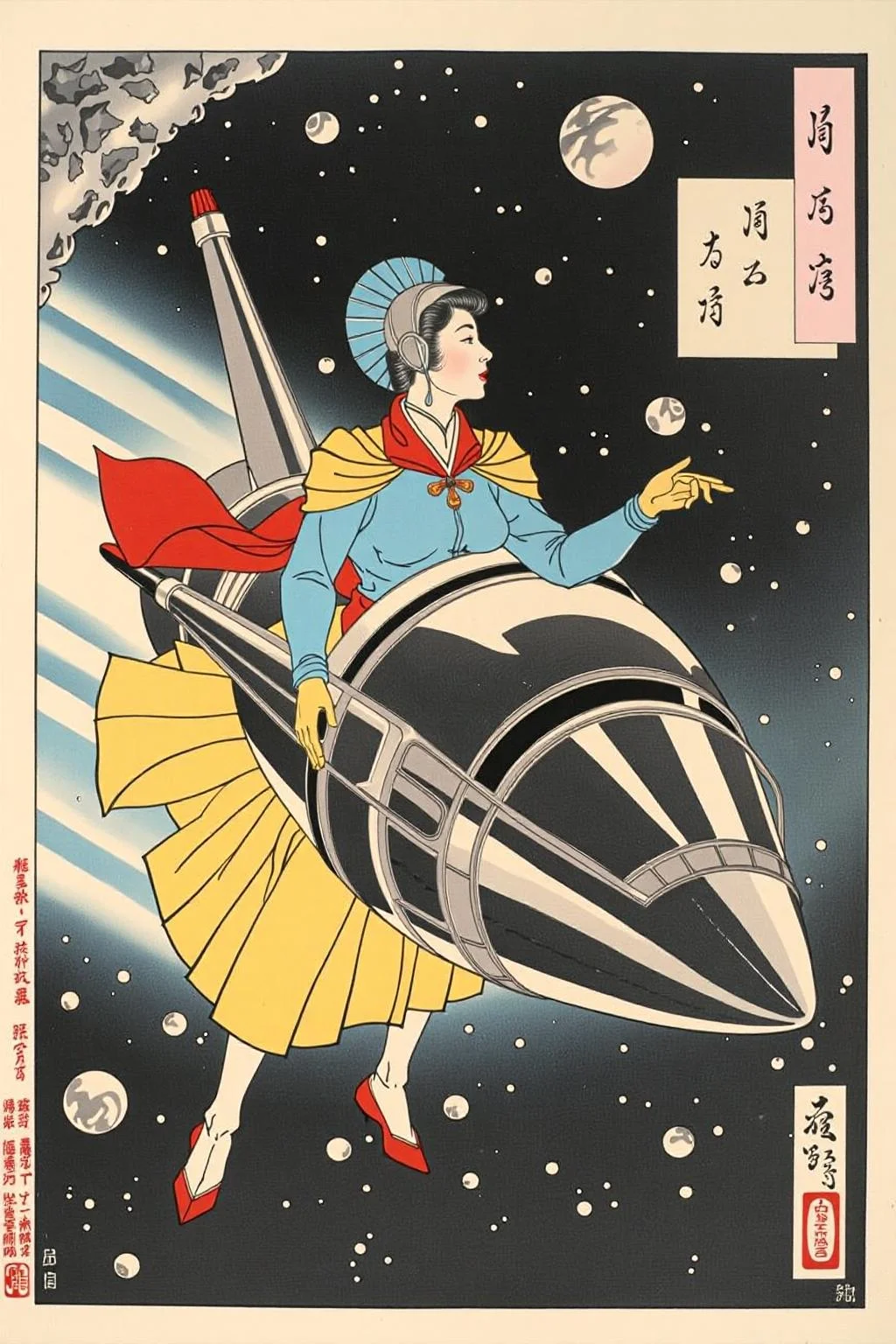 tsukioka1 Japanese woodblock print ukiyo-e.
A woman wearing a futuristic yet retro uniform, confidently steers her gleaming chrome spacecraft through a dense field of asteroids
<lora:schnell_v1.0:1.0> <lora:tsukioka_ukyo-e4_nocap_d8a4:1.0><lora:798029233394932920:0>