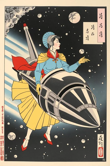 tsukioka1 Japanese woodblock print ukiyo-e.
A woman wearing a futuristic yet retro uniform, confidently steers her gleaming chrome spacecraft through a dense field of asteroids
<lora:schnell_v1.0:1.0> <lora:tsukioka_ukyo-e4_nocap_d8a4:1.0><lora:798029233394932920:0>