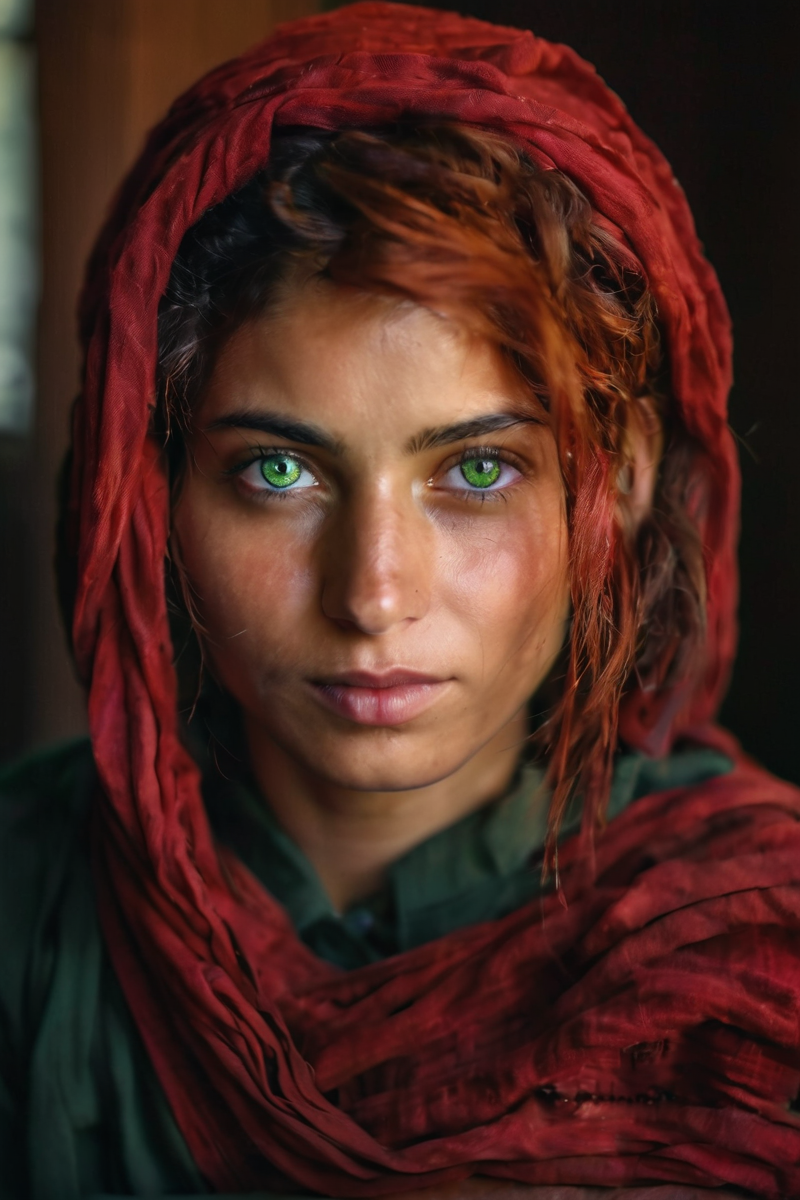front shot, portrait photo of a 25 y.o (afghan woman), (red headscarf), green eyes, looks away, natural skin, skin moles, cozy interior, (cinematic, film grain:1.1) <lora:afghanwoman_lora_sdxl:1>