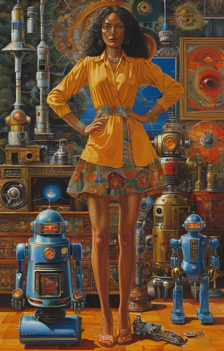 masterpiece,best quality,<lora:tbh376-sdxl:0.6>,illustration,style of Mati Klarwein, portrait of Housework robots