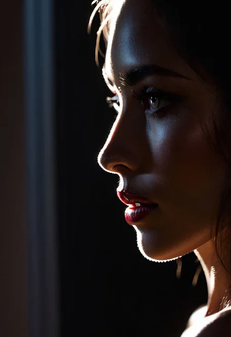 (Low-Angle Shot:1.4), hyperrealistic, ((from behind, sexy, kissable lips, looking away, side lighting, shadows on face)), dark room, nighttime, a single slit of light is coming in through a partially ajar door. close-up of the door, a breathtaking girl peering through the door, a single slit of light lighting her face, silhouette, profile, delicate face, highly detailed eyeball, realistic eyes, light shining on the cheek, rim lighting, soft lighting, seductive, teeth,