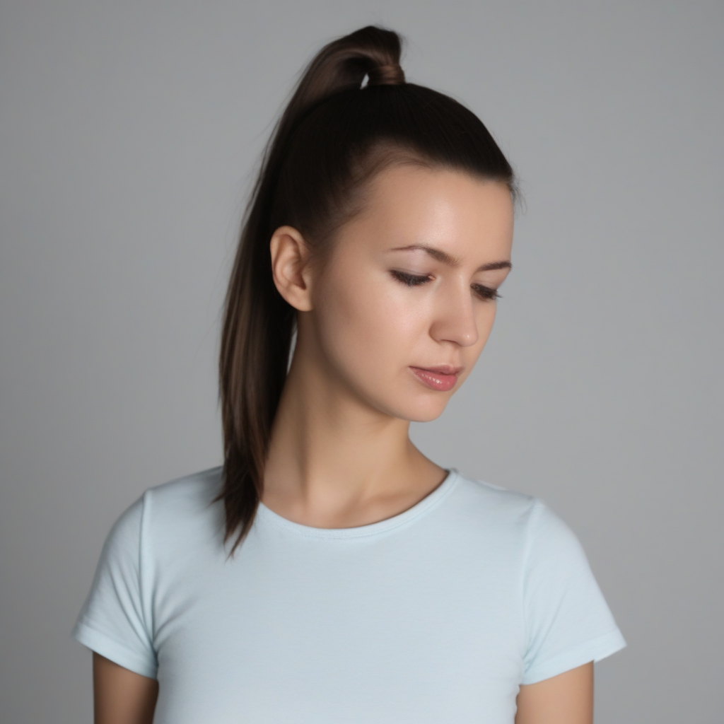 brown hair, lips, shirt, ponytail