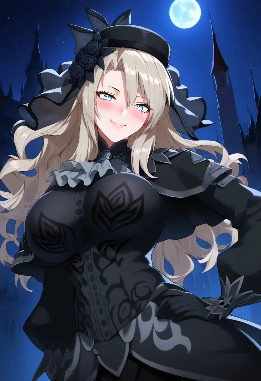 (score_9, score_8_up, score_7_up, high quality, best quality, ultra-detailed, very aesthetic, illustration, perfect composition, intricate details, absurdres, high res image, masterpiece, vibrant colors, beautiful face, detailed face, 1girl, solo focus, perfect eyes, detailed eyes, perfect hands), female, grey eyes, grey hair, long hair, curly hair, mole under eye, makeup, pale skin, full lips, large thighs, perfect body, fit body, voluptuous, large breasts, curvy body, narrow-waisted, wide hips, (ascot, black capelet, black dress, black flower, black gloves, black headwear, black rose, capelet, dress, flower, gloves, hat, long sleeves, rose, veil), (blush, bedroom eyes, small smile, hand on hips), (fantasy, outdoors, castle, night, night sky, moon)