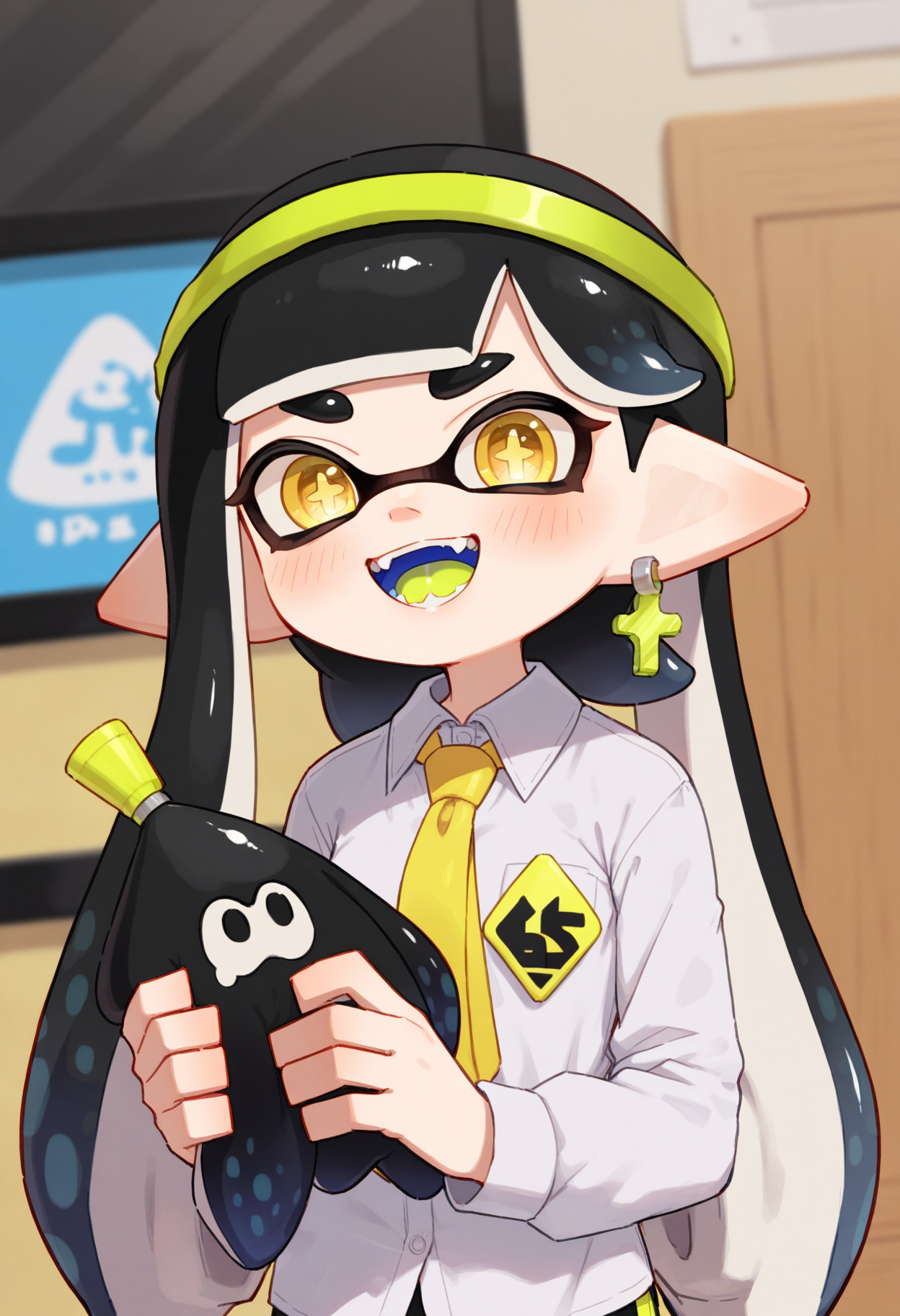 masterpiece,best quality,amazing quality,
1girl, tentacle hair, smile, necktie, solo, open mouth, pointy ears, looking at viewer, shirt, long hair, fangs, jewelry, earrings, holding, grey hair, white shirt, +_+, yellow eyes, colored tongue, hairband, black hair, upper body, :d, long sleeves, yellow necktie, cross-shaped pupils, collared shirt, teeth, multicolored hair, blurry background, blurry, bangs, inkling,
 <lora:Chiwino_epoch_9:1>