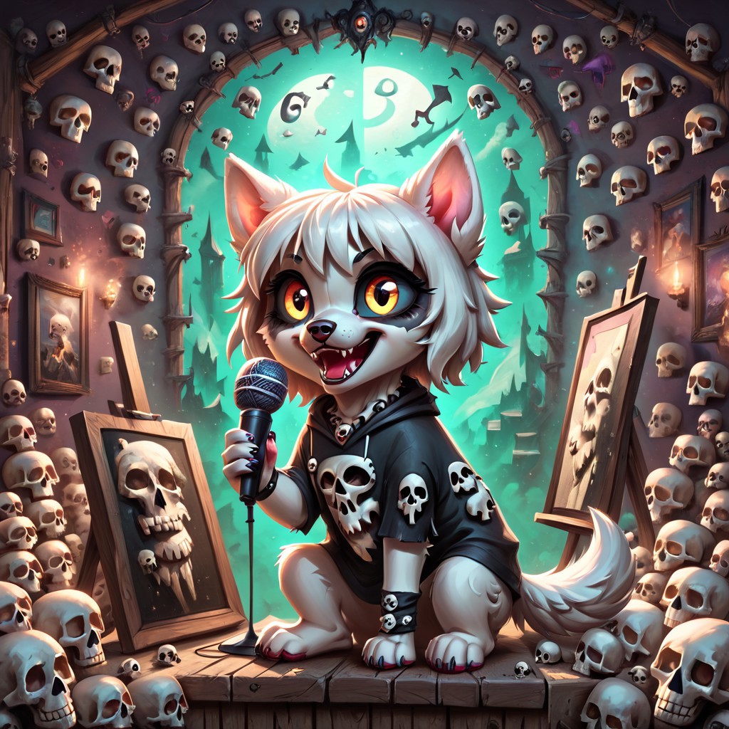 dog girl dressed in an elaborate collection of skulls covering her in a majestic way holding microphone, music studio, painting of cute skulls, pg safe