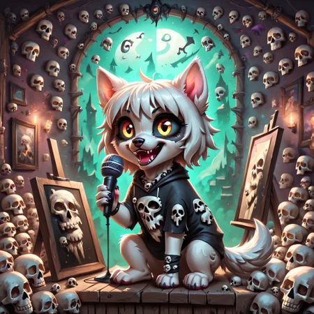 dog girl dressed in an elaborate collection of skulls covering her in a majestic way holding microphone, music studio, painting of cute skulls, pg safe