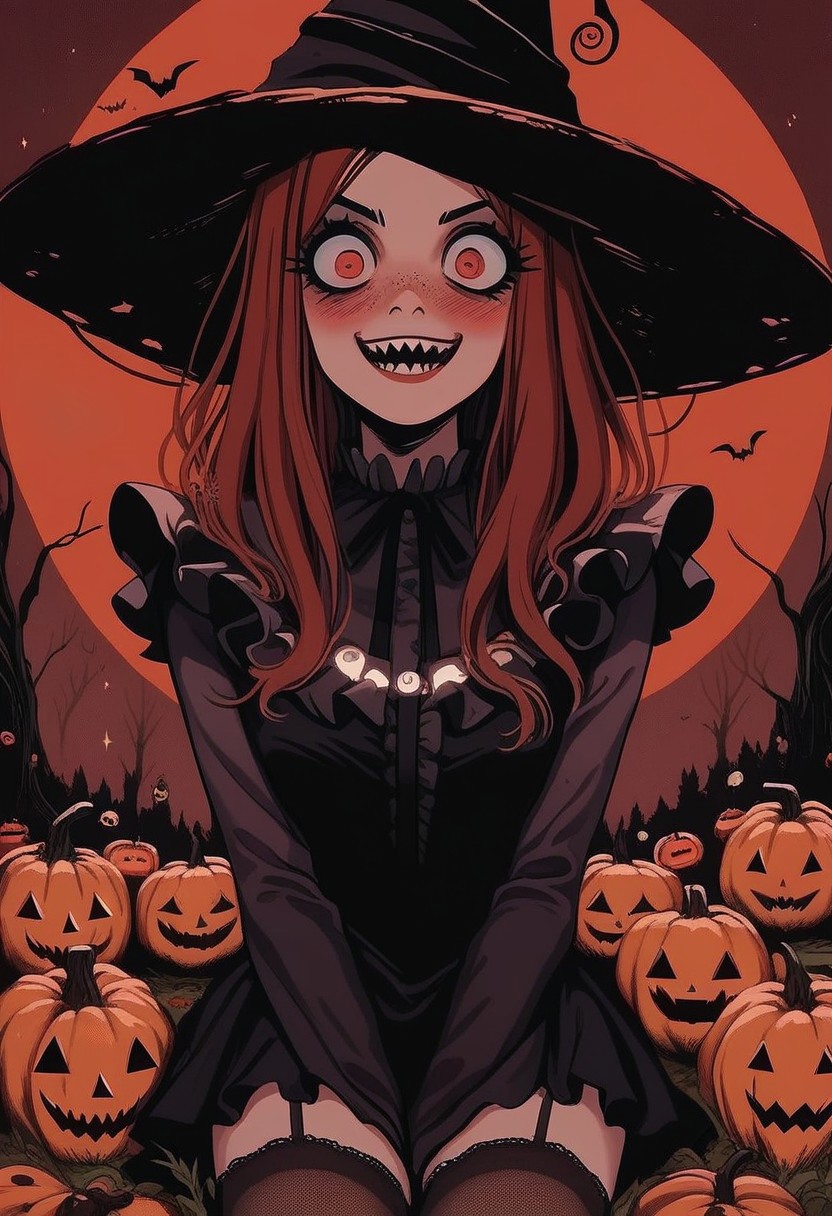 score_9, score_8_up, score_7_up, score_6_up, hllwn, halloween, vintage, source_anime, masterpiece, gloomy and sinister forest, giant red moon, giant pumpkins with evil luminous face, cute witch, red hair, red eyes, blushing, freckles, dark and orange two-tones sorceress dress, sorceress hat, halloween outfit, (two-tones stockings with frills:1.2), (crazy face:1.2), sadistic smile, focus on giant pumpkins