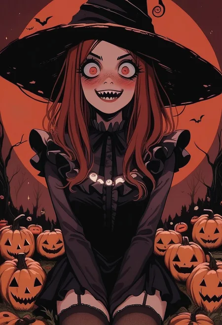 score_9, score_8_up, score_7_up, score_6_up, hllwn, halloween, vintage, source_anime, masterpiece, gloomy and sinister forest, giant red moon, giant pumpkins with evil luminous face, cute witch, red hair, red eyes, blushing, freckles, dark and orange two-tones sorceress dress, sorceress hat, halloween outfit, (two-tones stockings with frills:1.2), (crazy face:1.2), sadistic smile, focus on giant pumpkins