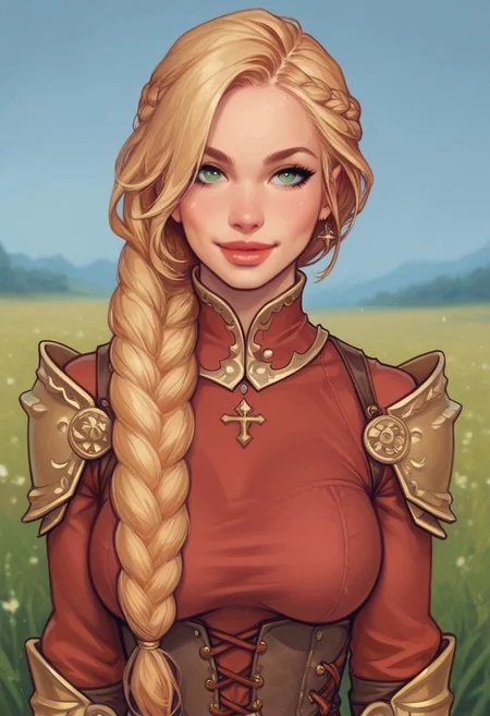 1girl, (((front view))), illustration, looking at viewer, highly detailed, from front,1girl, looking at viewer, highly detailed, skinny, looking at viewer, 1girl, masterpiece, best quality, full body portrait, 1girl, <lora:agrias-nvwls-v3:1> agrias, ((armor, corset, dark red dress, brown gloves)), cross-laced boots, looking at viewer, sidelocks, braided ponytail, light green eyes, Romance, sci-fi, artificial intelligence, highly detailed
BREAK
slight smile, looking at viewer,
BREAK
long hair, blonde hair, hair over one eye, big hair,
BREAK
best quality, depth of field, bokeh, (((full clothed))) (best quality, high detail), ((masterpiece)), <lora:1_ino_20e:1>
BREAK
((((((field, mill)))))) score_9, score_8_up, score_7_up, score_6_up, source_cartoon, rating_explicit, Expressiveh, (((((upper body))))), dynamic pose