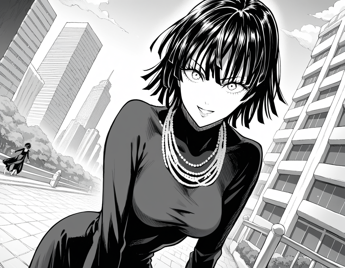 score_9, score_8_up, score_7_up, source_anime,
fubuki, <lora:opm-fubuki-manga-ponyxl-lora-nochekaiser:1>,
fubuki, fubuki \(one-punch man\), black hair, medium hair, monochrome, greyscale,
black dress, dress, high collar, jewelry, necklace, taut clothes, taut dress,
outdoors, cityscape, smile, bent over,
looking at viewer, cowboy shot, solo, dutch angle,