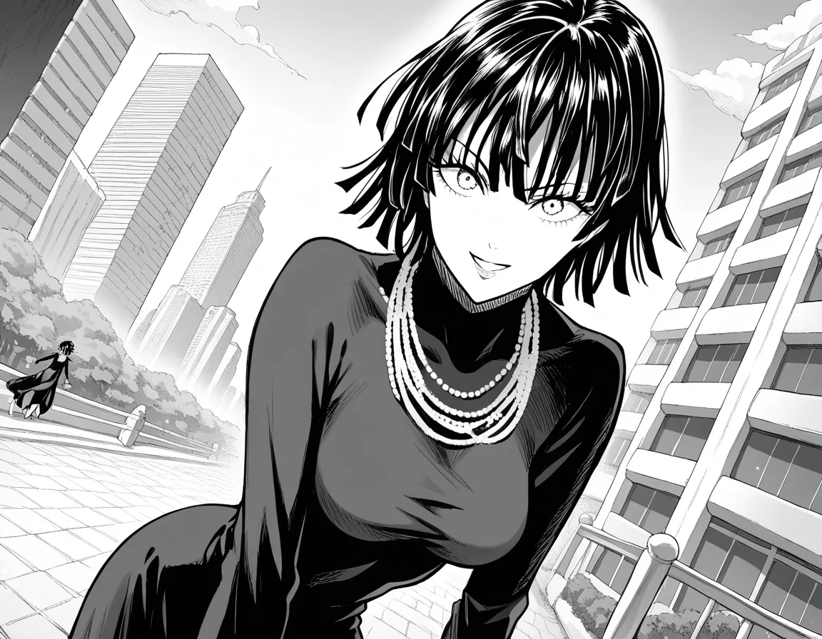 score_9, score_8_up, score_7_up, source_anime,
fubuki, <lora:opm-fubuki-manga-ponyxl-lora-nochekaiser:1>,
fubuki, fubuki \(one-punch man\), black hair, medium hair, monochrome, greyscale,
black dress, dress, high collar, jewelry, necklace, taut clothes, taut dress,
outdoors, cityscape, smile, bent over,
looking at viewer, cowboy shot, solo, dutch angle,