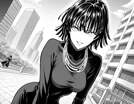 score_9, score_8_up, score_7_up, source_anime,
fubuki, <lora:opm-fubuki-manga-ponyxl-lora-nochekaiser:1>,
fubuki, fubuki \(one-punch man\), black hair, medium hair, monochrome, greyscale,
black dress, dress, high collar, jewelry, necklace, taut clothes, taut dress,
outdoors, cityscape, smile, bent over,
looking at viewer, cowboy shot, solo, dutch angle,