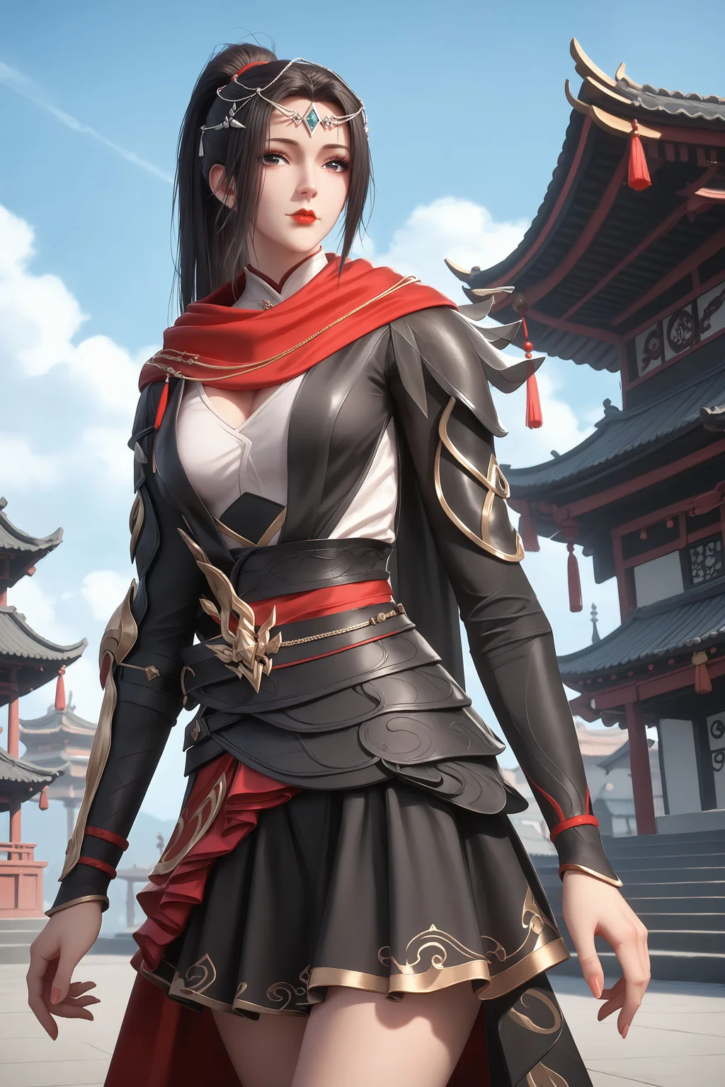 score_9, score_8_up, score_8, source_real,real skin, rating_explicit, ExpresiveH, best quality, unreal engine,game,cg, very aesthetic, CG, masterpiece, ultra high res, highres, More Details, high rating,Intricate and refined delicate details, looking at viewer,
<lora:age_slider_v4:4>,
<lora:zhuqianning:1>, 1girl, solo, red scarf, ponytail, skirt, hair ornament, black hair, long hair, dress, red lips, closed mouth, blue sky, sky, outdoors, east asian architecture,