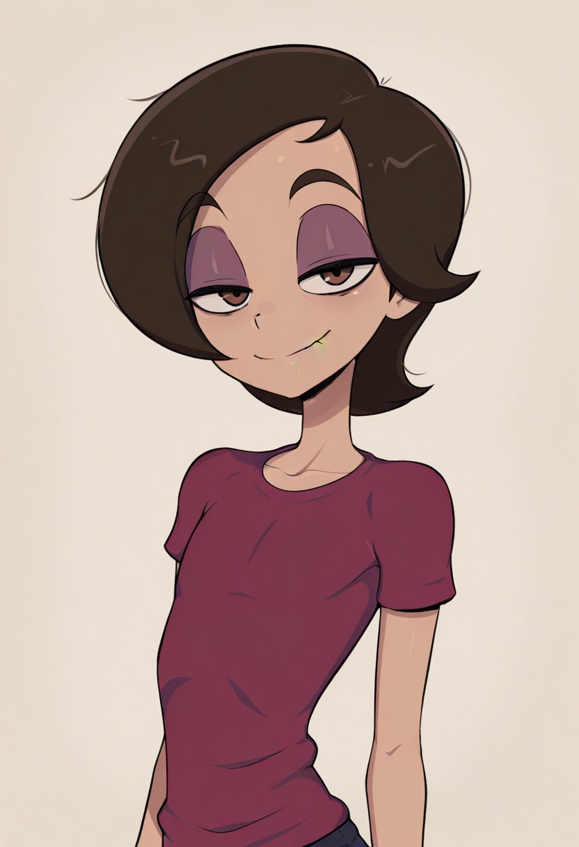score_9, score_8_up, score_7_up, masterpiece, best quality, amazing quality, Afra, 1boy, solo, brown hair, brown eyes, makeup, eyeshadow, half-closed eyes, smile, upper body, looking at viewer, skinny, shirt