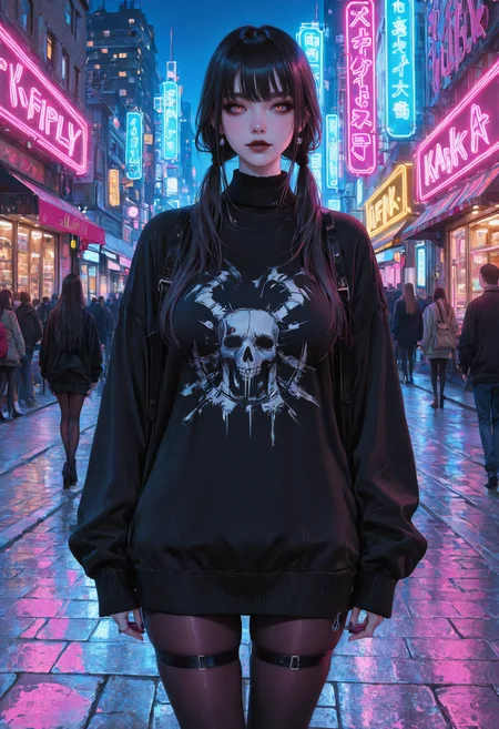 adult,masterpiece, newest,absurdres,incredibly absurdres, best quality, amazing quality, very aesthetic, solo,detailed face, solo,cute face,skindentation, (best quality, masterpiece:1.2), absurdres, realistic, official wallpaper, extremly detailed, professional photo shot, cowboy shot,1girl, solo, goth girl, large breasts, goth makeup, black lips, yellow eyes, low twintails, jewelry, (black pullover), (pullover:1.3), (pantyhose:1.1), outdoors, night, city, crowded street, neon lights, people, stores, ads, ,<lora:r17329_illu:0.35> r17329_illu, <lora:USNR STYLE_XL_loha:0.4> usnr, <lora:ponyv6_noobV1_2_adamW:0.2>, <lora:kafka02_illu:0.6> kafka02_illu,