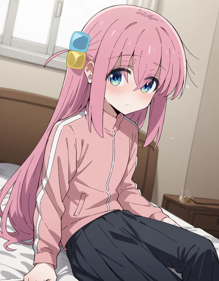 score_9, score_8_up, score_7_up, source_anime,
hitorigotou, <lora:hitori-gotou-s1-ponyxl-lora-nochekaiser:1>,
hitori gotou, blue eyes, cube hair ornament, hair between eyes, hair ornament, pink hair, one side up, long hair,
black skirt, jacket, long sleeves, pants, pants under skirt, pink jacket, pink pants, pleated skirt, skirt, track jacket, track pants, track suit,
indoors, bed, bed room, on side, blush, drunk,
cowboy shot, solo, dutch angle, looking at viewer,