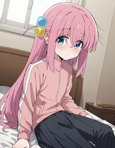 score_9, score_8_up, score_7_up, source_anime,
hitorigotou, <lora:hitori-gotou-s1-ponyxl-lora-nochekaiser:1>,
hitori gotou, blue eyes, cube hair ornament, hair between eyes, hair ornament, pink hair, one side up, long hair,
black skirt, jacket, long sleeves, pants, pants under skirt, pink jacket, pink pants, pleated skirt, skirt, track jacket, track pants, track suit,
indoors, bed, bed room, on side, blush, drunk,
cowboy shot, solo, dutch angle, looking at viewer,