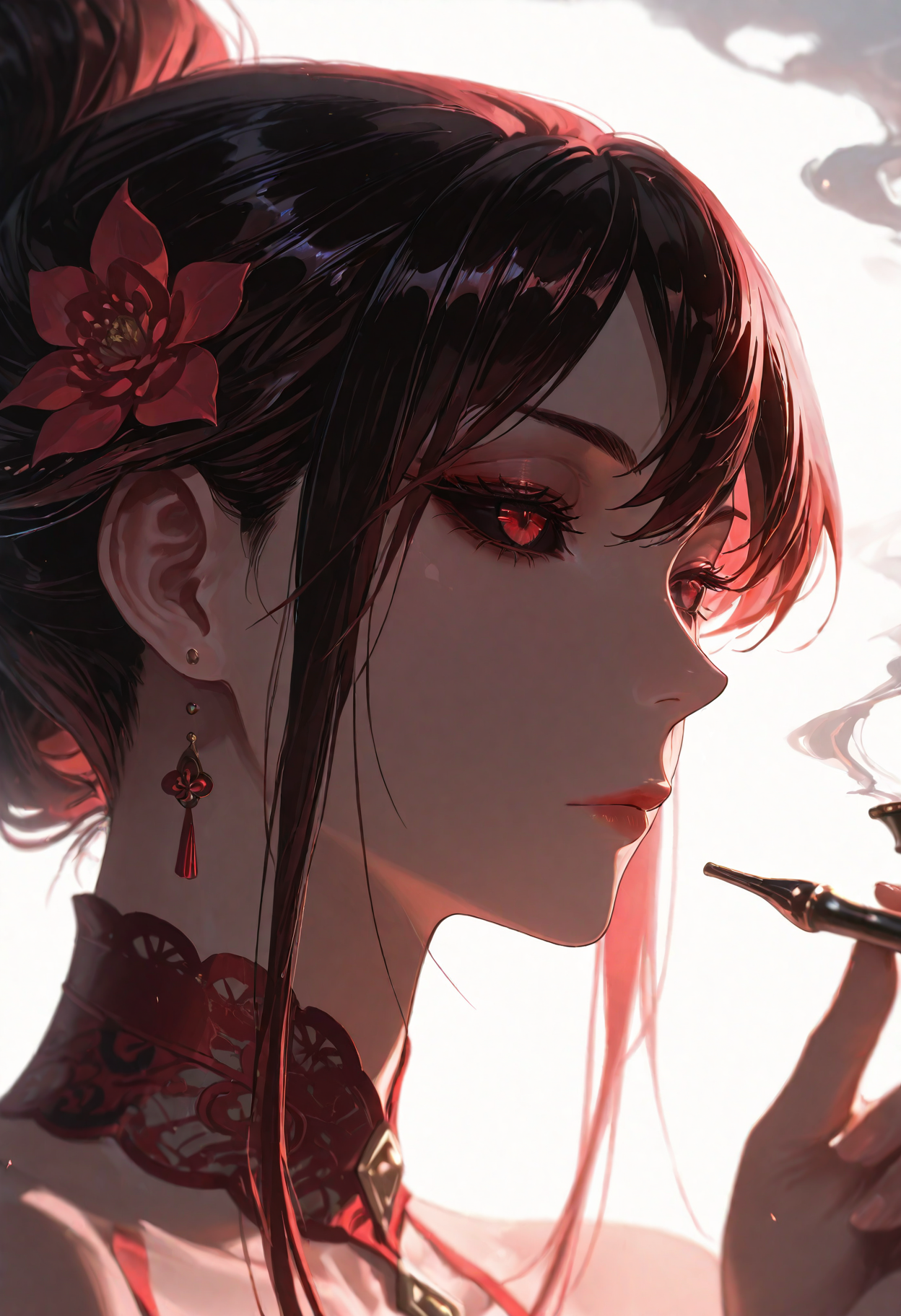 1girl, Chan Hongyi, black sclera, red eyes, border,expressionless,flower,hand up,holding,holding smoking pipe,hyur,kiseru,lace collar,portrait,smoke,smoking,smoking pipe,solo, white background,
(Smooth Quality - Illustrious:0.8), masterpiece,best quality,amazing quality, absurdres, (impressionism), ultra-HD, 8k, fit body, highest quality, volumetric lighting, (cinematic composition:1.3), (sharp focus:1.2), (depth of field:1.2), (adult), wide eyes, (mature female:1.2), very aesthetic, smooth image, action lines, motion lines, motion blur, (detailed face and eyes:1.3),
<lora:illustrious_quality_modifiers_masterpieces_v1:0.6>  <lora:ponyv4_noob1_2_adamW:0.4> <lora:FINALE:0.4>  <lora:I_Am_The_Fated_Villain:0.6> <lora:g0thicILL:0.4> <lora:USNR STYLE_XL_loha:0.3>