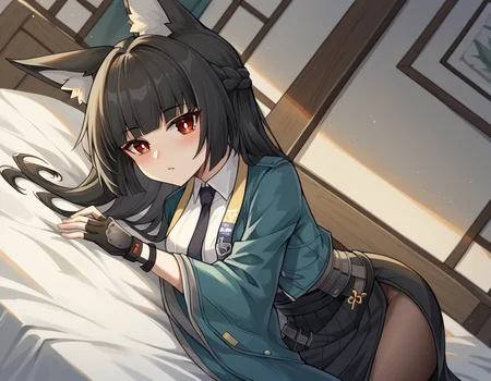 score_9, score_8_up, score_7_up, source_anime, miyabihoshimi, <lora:miyabi-hoshimi-ponyxl-lora-nochekaiser:1>, miyabi hoshimi,animal ear fluff, animal ears, black hair, bright pupils, fox ears, fox girl, half updo, long hair, red eyes, sidelocks, white pupils,, asymmetrical gloves, black gloves, black necktie, black skirt, blue jacket, collared shirt, fingerless gloves, gloves, high-waist skirt, jacket, long skirt, necktie, shirt, side slit, single fingerless glove, skirt, white shirt, wide sleeves,, indoors, bed, bed room, on side, blush, drunk, looking at viewer, solo, cowboy shot, dutch angle