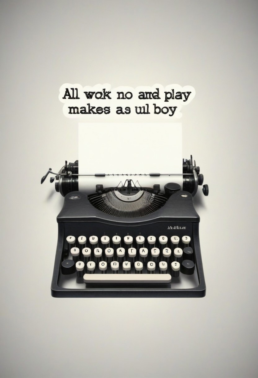 {"All work and no play makes Jack a dull boy" text logo}, [typewriter | Jack Torrance], 80s