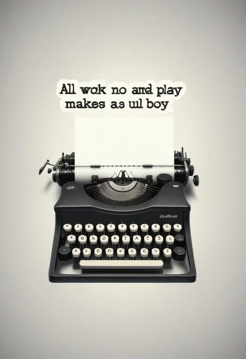 {"All work and no play makes Jack a dull boy" text logo}, [typewriter | Jack Torrance], 80s