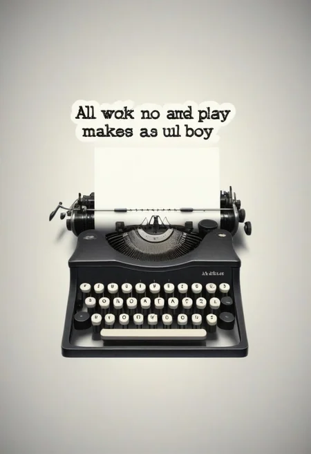 {"All work and no play makes Jack a dull boy" text logo}, [typewriter | Jack Torrance], 80s