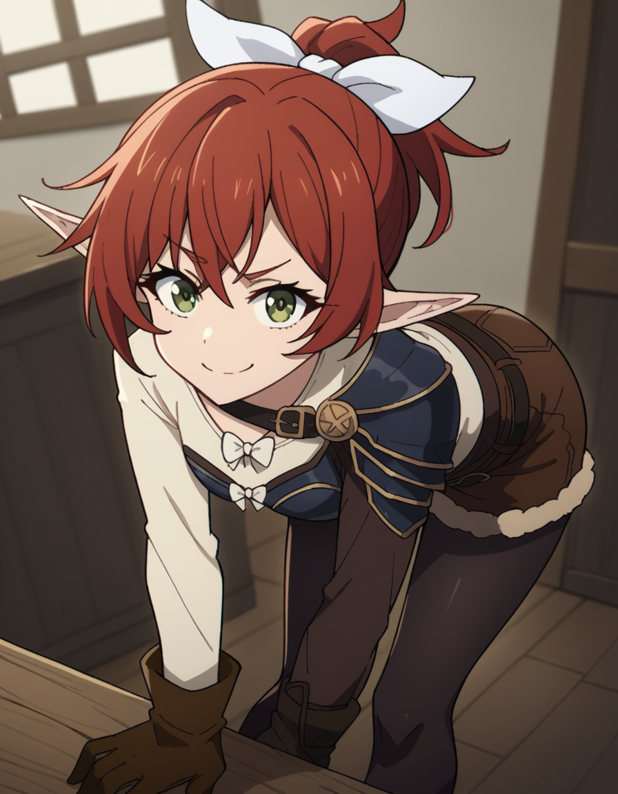 score_9, score_8_up, score_7_up, source_anime, <lora:rhea-fighter-s2-ponyxl-lora-nochekaiser_r1:1>, rhea fighter, green eyes, hair ribbon, ponytail, red hair, pointy ears, elf, white bow, white ribbon, ribbon,, gloves, bow, pantyhose, shorts, belt, armor, black pantyhose, fur trim, short shorts, brown gloves, toeless legwear, legwear under shorts, brown shorts,, indoors, bent over, smile, smug, looking at viewer, solo,, cowboy shot, dutch angle