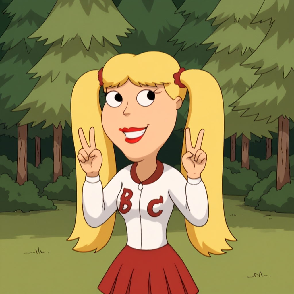 score_9_up, score_8_up, BREAK, Cindi, 1girl, solo, blonde hair, long hair, twintails, black eyes, lipstick, white shirt, red skirt, cowboy shot, double v,  <lora:Cindi_FamilyGuy_PXL_Leaf1:1>, outdoors, forest, smile,