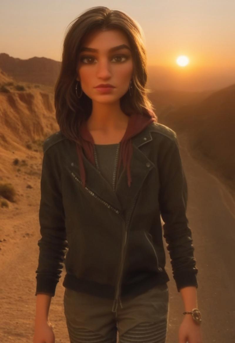 score_9, score_8_up, score_7_up, score_6_up, score_5_up, score_4_up, Expressiveh, BREAK, RAW, 8k, source_real, masterpiece, high quality,  strong shading, strong lighting, 1girl, 30 years old, tall, thin,
easynegative, traditional media, show accurate:1.4,  outdoor, (day time,:1.7), sun, 
easynegative, standing up, (walking:1.9), (front view: 1.5), wind, sunset, desert, car, canyon,
face_detail, skin_detail, lustrous_skin, skindentation,  nail polish,  shank, hooped earrings, brown hair, badass, full body visible, face focus, (perfect anatomy:1.9), sultry, slender hips, overactive hips, zPDXL3, nylnft, (sultry pose:1.6), watercolor \(medium\), traditional media, irl, (realistic style:1.8)