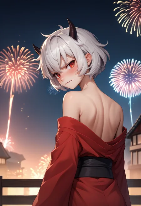 score_9, score_8_up, score_7_up, source_anime, from behind, solo, 1girl, htmalina, blush, wavy mouth, looking back, demon horns, red kimono, off shoulder, black sash, bare shoulders, fireworks <lora:helltaker_malina_ponyXL:1>