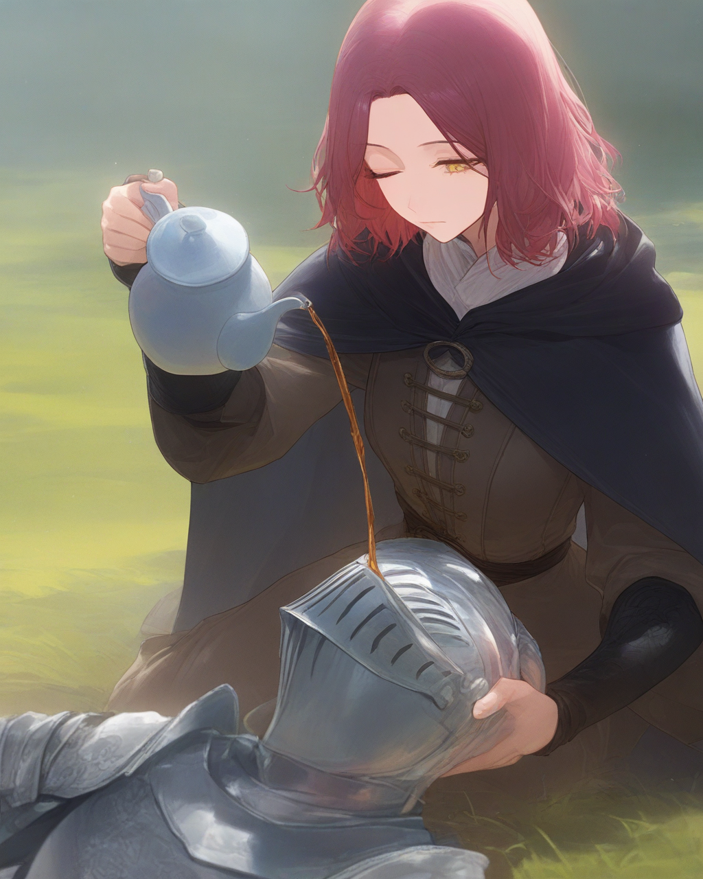 extreme aesthetic, (1boy, 1girl:1.2), melina \(elden ring\), tarnished \(elden ring\), elden ring, kneeling, yokozuwari, knight, helmet, armor, lap pillow, lying, on back, one eye closed, looking down, expressionless, yellow eyes, holding teapot, pouring, pouring onto another's head, water puddle, artist:wanke, artist:tianliang duohe fangdongye, (artist:modare:1.1), artist:ask \(askzy\), outdoors, grass, <lora:pouring_XL_v2:0.6>