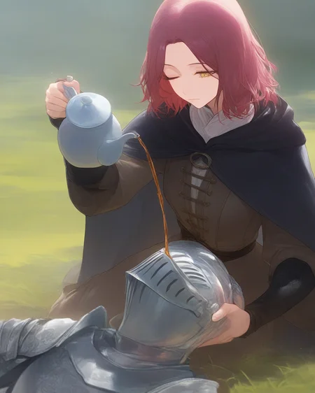 extreme aesthetic, (1boy, 1girl:1.2), melina \(elden ring\), tarnished \(elden ring\), elden ring, kneeling, yokozuwari, knight, helmet, armor, lap pillow, lying, on back, one eye closed, looking down, expressionless, yellow eyes, holding teapot, pouring, pouring onto another's head, water puddle, artist:wanke, artist:tianliang duohe fangdongye, (artist:modare:1.1), artist:ask \(askzy\), outdoors, grass, <lora:pouring_XL_v2:0.6>