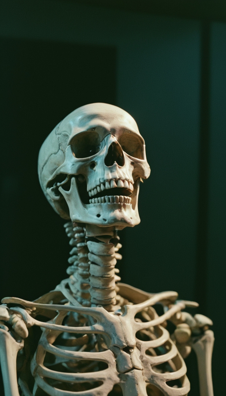 photograph, 50mm, Kodak UltraMax 400, Cinematic, soft lighting, F/1.8, Oversaturated, [Chinese|Futuristic] Male Skeleton, Emotionally Charged