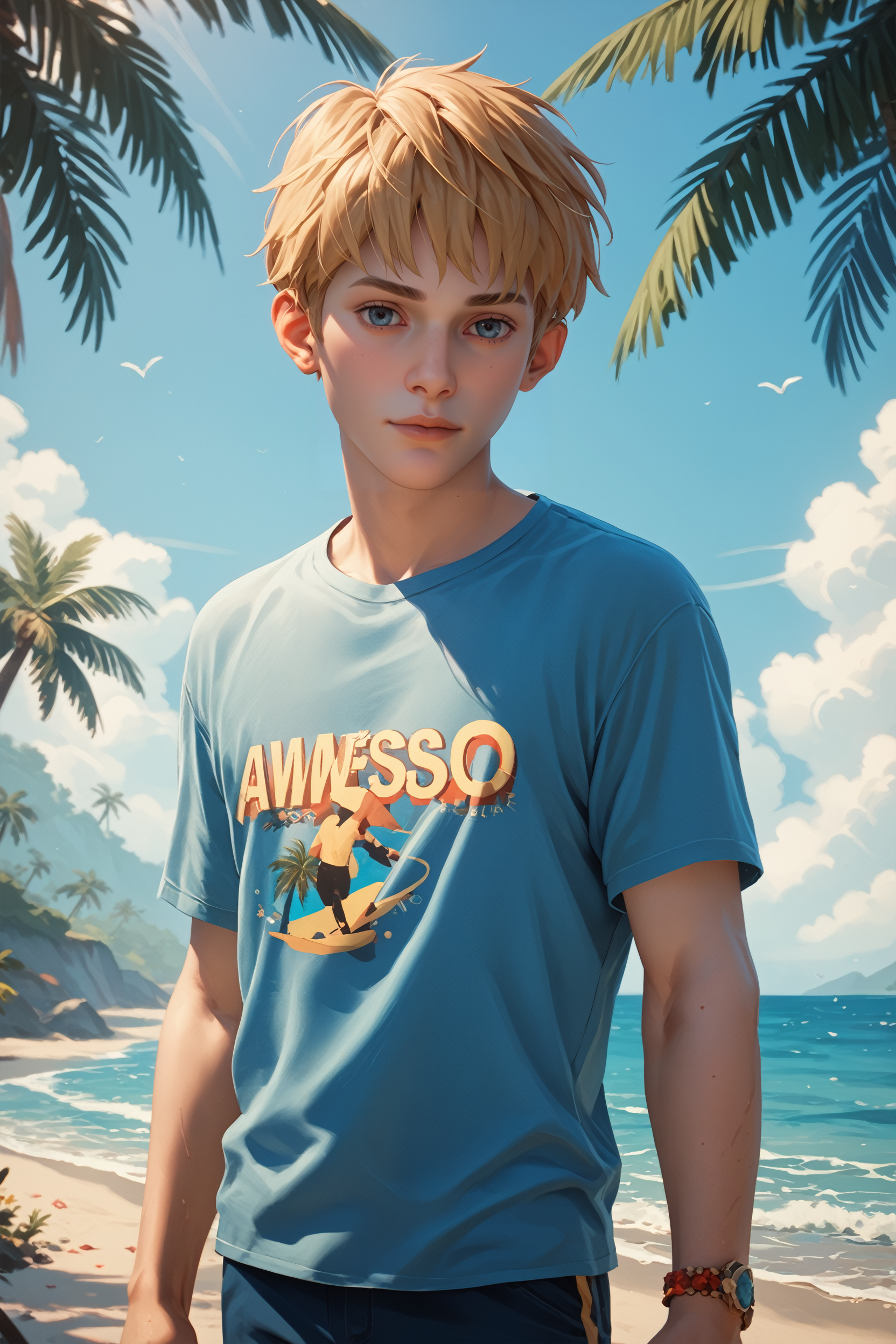 score_9, score_8_up, score_7_up, score_6_up
<lora:LISCSpirit:0.8>
LISCSpirit, 1boy, blonde hair, blue eyes, short hair, looking at viewer, at the beach, casual clothing, palm trees, sundown