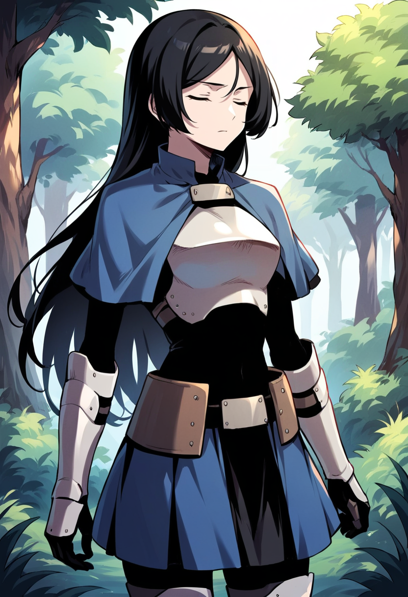 masterpiece, best quality, source_anime, uncensored, score_9, score_8_up, score_7_up, score_6_up, score_5_up, score_4_up, 1girl, solo, elijey, long hair, black hair, closed eyes, blue capelet, armor, breastplate, skirt, gauntlets, armored boots, cowboy shot, outdoors, forest <lora:Ephyr_SwordKing:0.85> <lora:add-detail-xl:0.6> <lora:cfg_scale_boost:0.5>