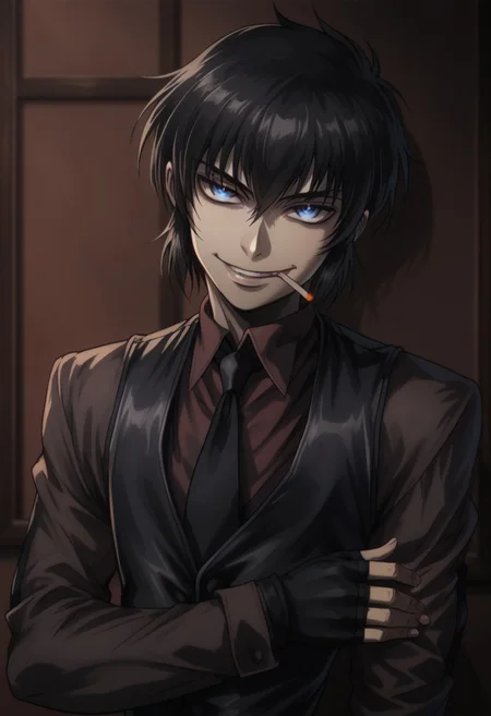 score_9, score_8_up, score_7_up,   walter.c.xl11, solo, 1boy, blue eyes, black hair, short hair,red shirt, long sleeves, black necktie, black vest, fingerless black gloves, cigarette, evil smile,