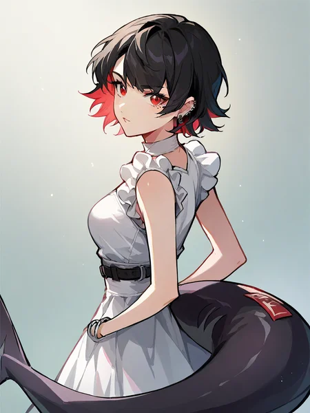 <lora:XL_ellen joe(pony):1>,ellen joe girl,1girl,solo,black hair,multicolored hair,red eyes,short hair,earrings,piercing,shark tail,white dress,, score_9,score_8_up,score_7_up, source_anime,