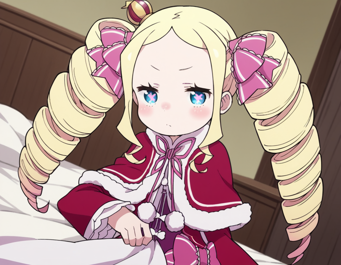 score_9, score_8_up, score_7_up, source_anime, <lora:rezero-beatrice-s3-leak-ponyxl-lora-nochekaiser:1>, beatrice, long hair, blue eyes, blonde hair, twintails, hair ribbon, sidelocks, symbol-shaped pupils, drill hair, twin drills,, dress, ribbon, fur trim, capelet, crown, mini crown, red capelet, frills, bowtie,, indoors, bed, bed room, on side, blush, drunk, looking at viewer, solo,, cowboy shot, dutch angle