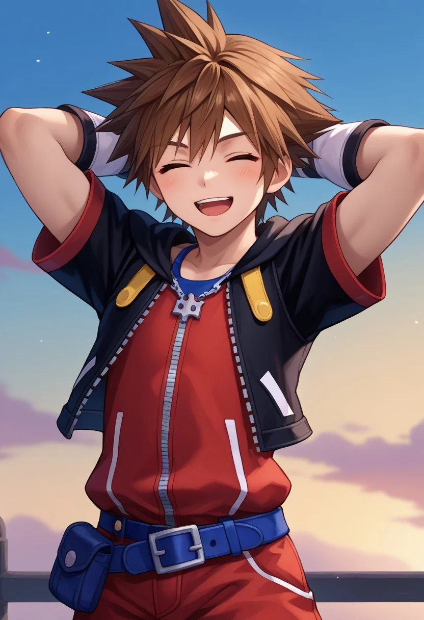 score_9, score_7_up, source_anime
sora, 1boy, male focus, solo, closed eyes, brown hair, spiked hair, default costume, short jumpsuit, red jumpsuit, jacket, cropped jacket, black jacket, hood, short sleeves, open jacket, open clotes, zipper, zipper pull tab, gloves, white gloves, fingerless gloves, belt, blue belt, hands behind head, smile, open mouth,
outdoor, sky,