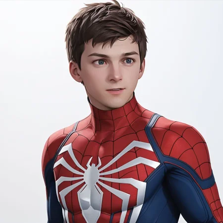ASCII masterpiece, best quality, solo, peter_parker, advancedsuit, sexy pose, detailed symmetric reflective blue eye, in front of a (plain white background: 1.3), 4k, 8k, intricate detail, soft lighting,