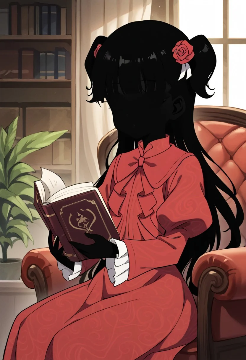 score_9, score_8_up, score_7_up, score_6_up, source_anime, cowboy shot, 1girl, kate \(shadows house\), colored skin, black skin, long hair, twintails, black hair, hair ornament, hair flower, shadow people, red dress, frilled dress, long sleeves, juliet sleeves, sitting on chair, holding book, reading