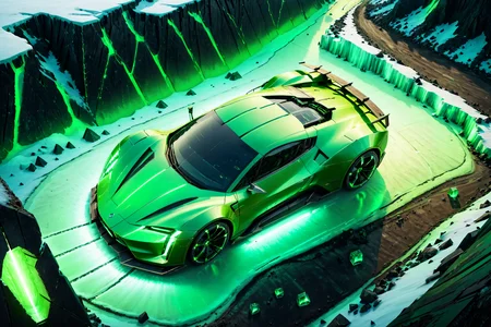 Necron, electricity, green glow, green theme, sports car, futuristic ice field, detailed background, rustic tones, gentle glow, overhead shot, <lora:Necron_World_XL-000009:1>